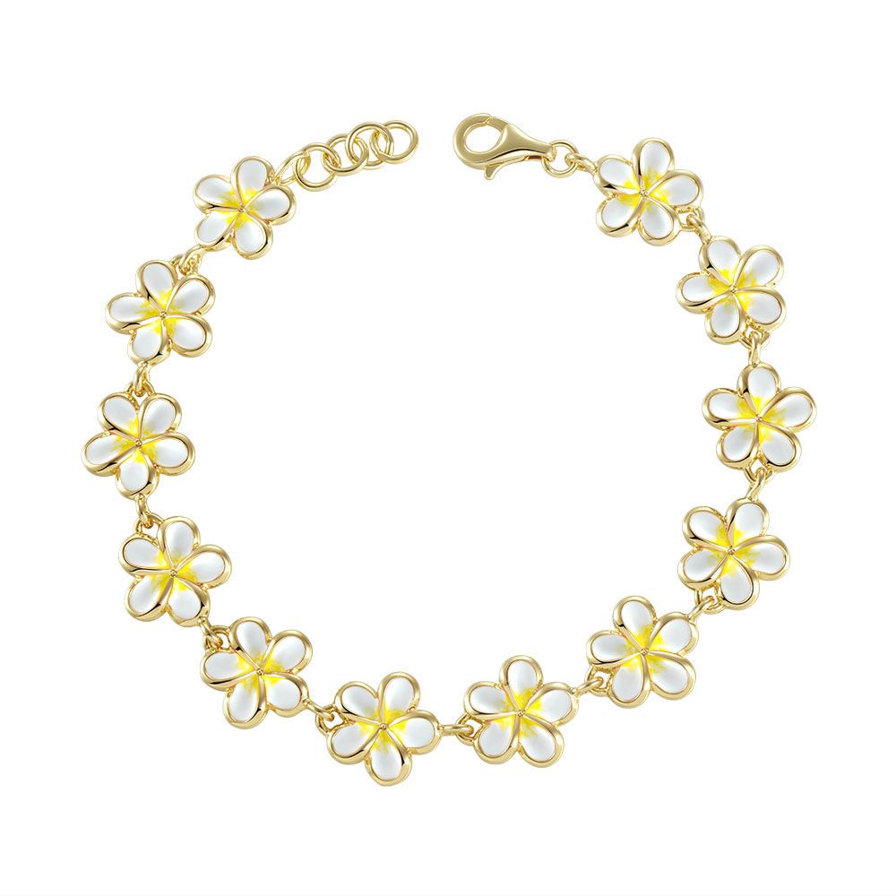 White Enamel Plumeria Link Bracelet in Gold