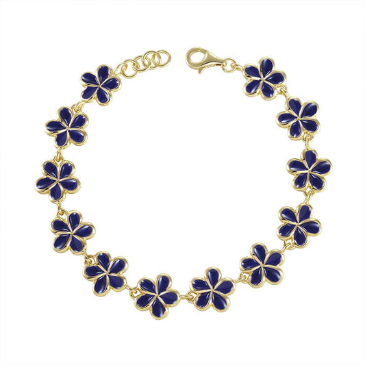 Blue Ginger Enamel Plumeria Link Bracelet in Gold