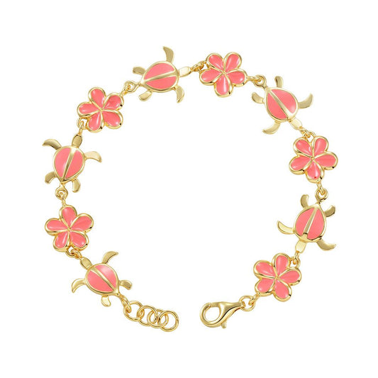 Coral Enamel Plumeria and Sea Turtle Link Bracelet in Gold