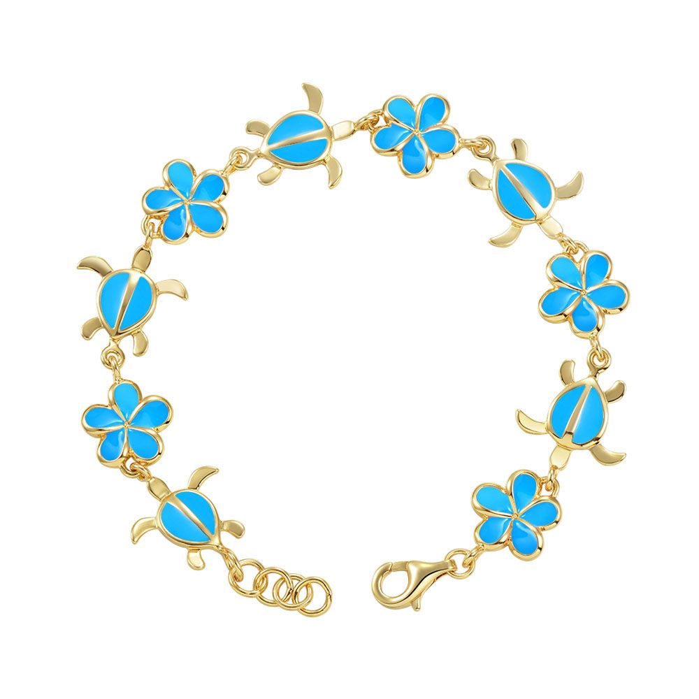 Sea Blue Enamel Plumeria and Sea Turtle Link Bracelet in Gold