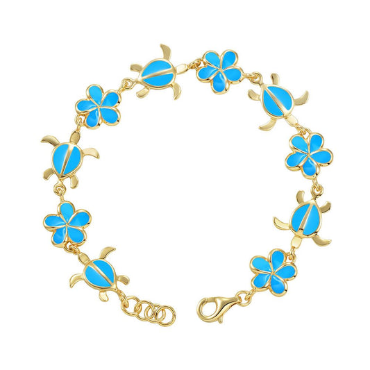 Sea Blue Enamel Plumeria and Sea Turtle Link Bracelet in Gold