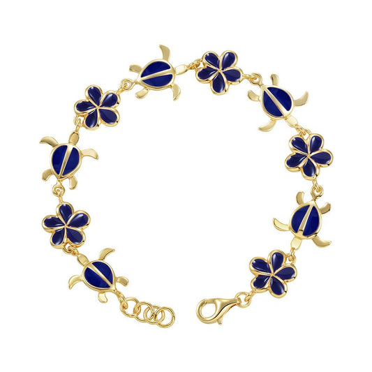 Blue Ginger Enamel Plumeria and Sea Turtle Link Bracelet in Gold