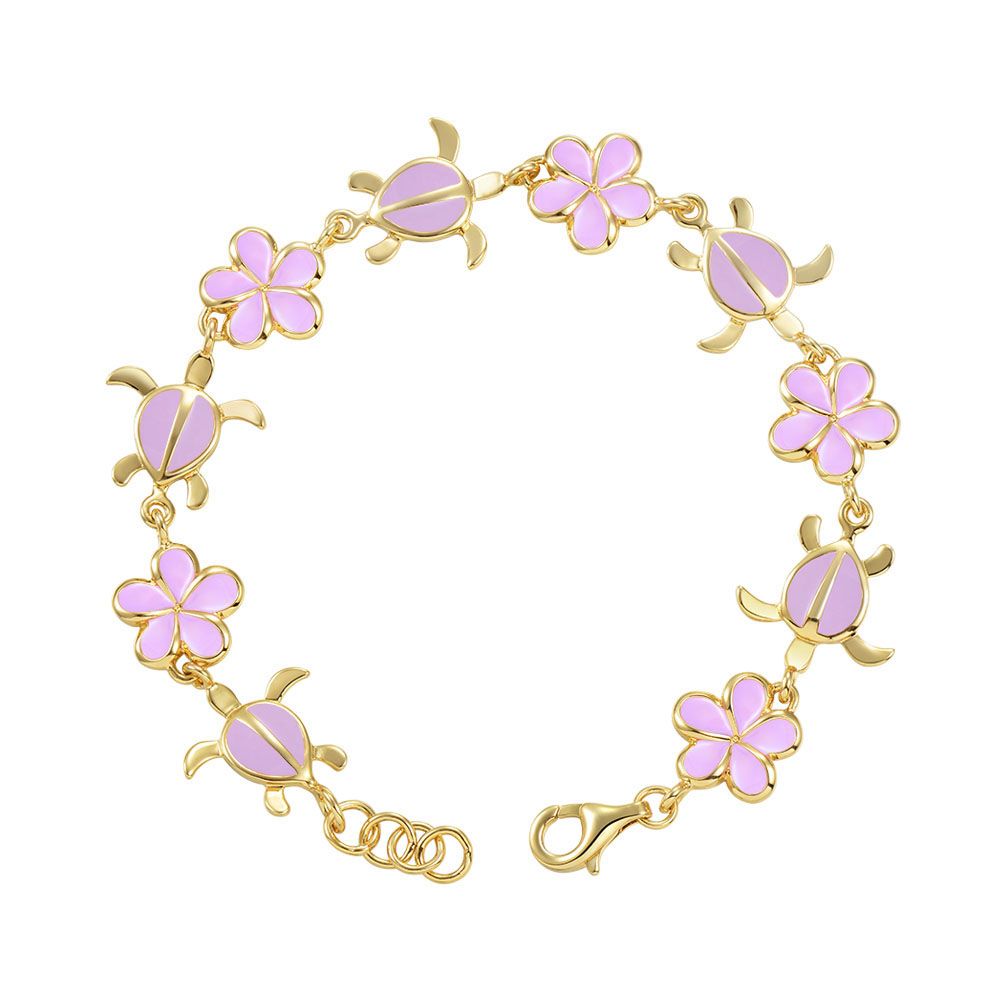 Lavender Blush Enamel Plumeria and Sea Turtle Link Bracelet in Gold