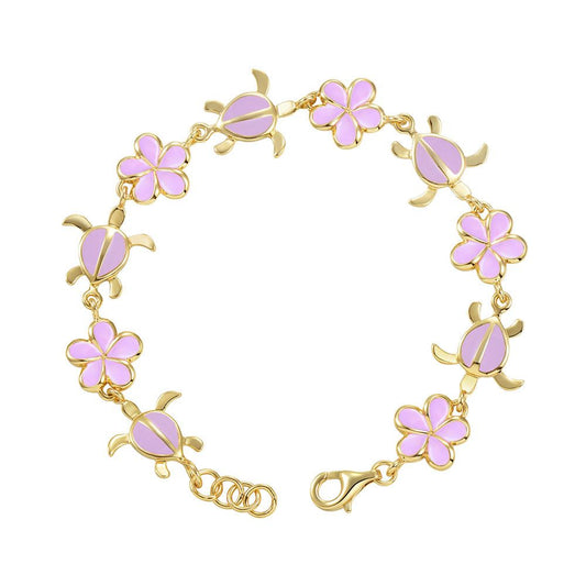 Lavender Blush Enamel Plumeria and Sea Turtle Link Bracelet in Gold
