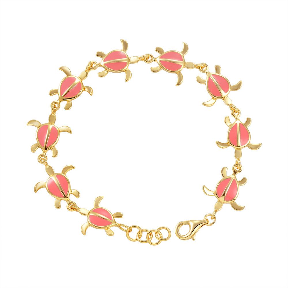 Coral Enamel Sea Turtle Link Gold Bracelet