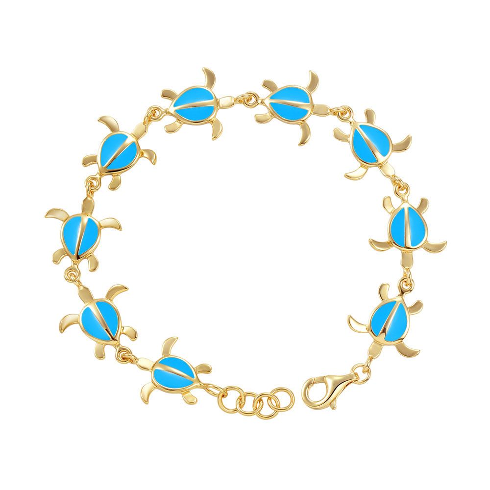 Sea Blue Enamel Sea Turtle Link Gold Bracelet 