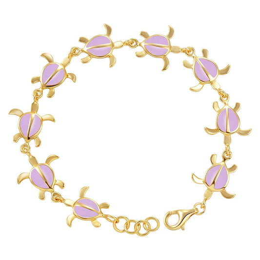 Lavender Blush Enamel Sea Turtle Link Gold Bracelet 