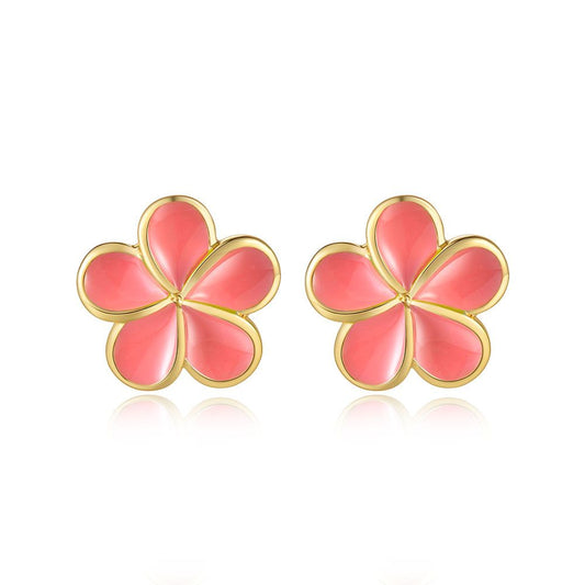 Coral Enamel 10mm Plumeria Flower Stud Earrings in Gold