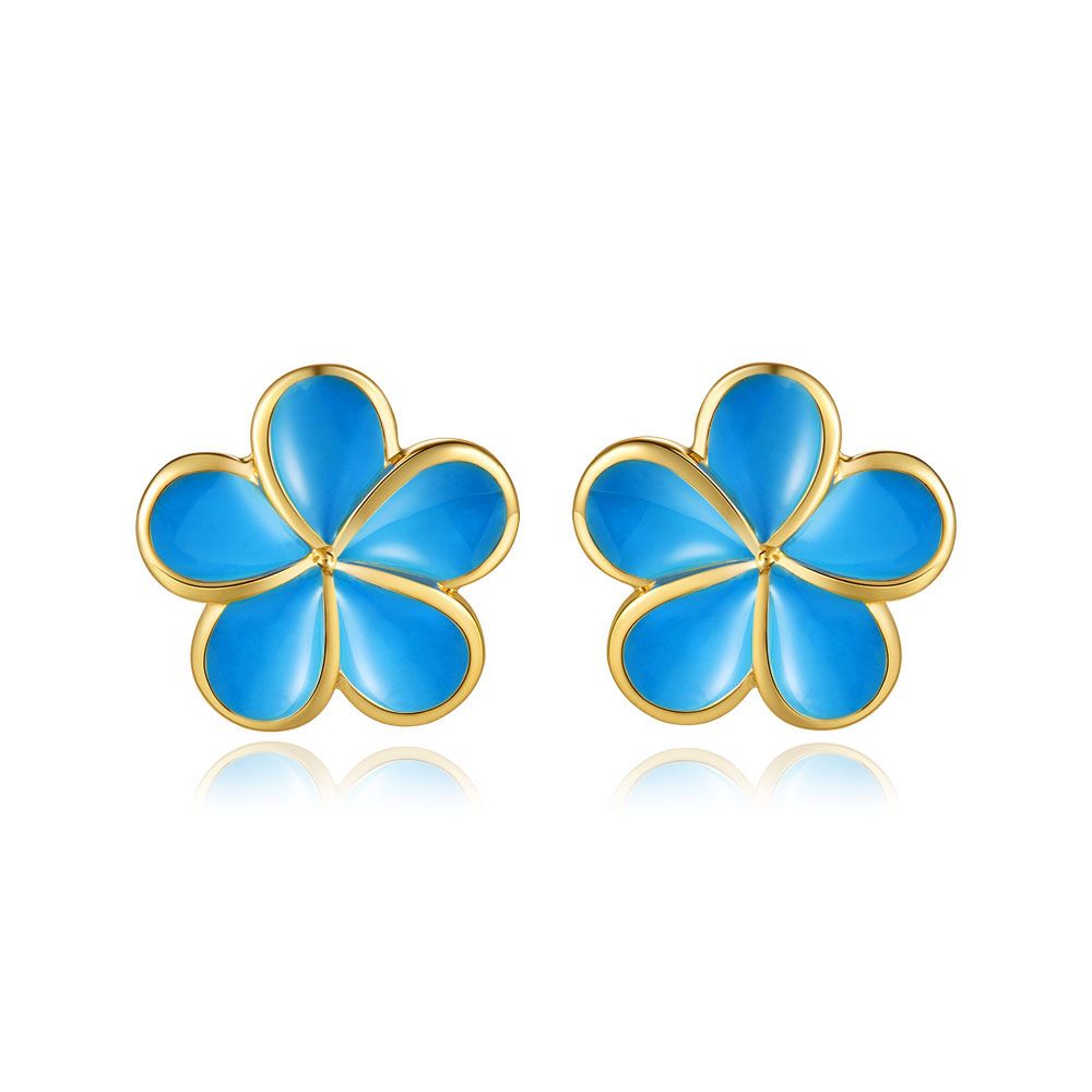 Sea Blue Enamel 10mm Plumeria Flower Stud Earrings in Gold