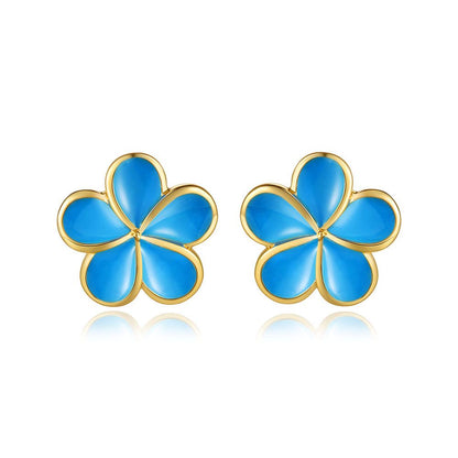 Sea Blue Enamel 10mm Plumeria Flower Stud Earrings in Gold