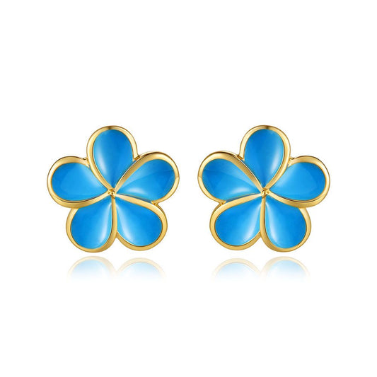Sea Blue Enamel 10mm Plumeria Flower Stud Earrings in Gold