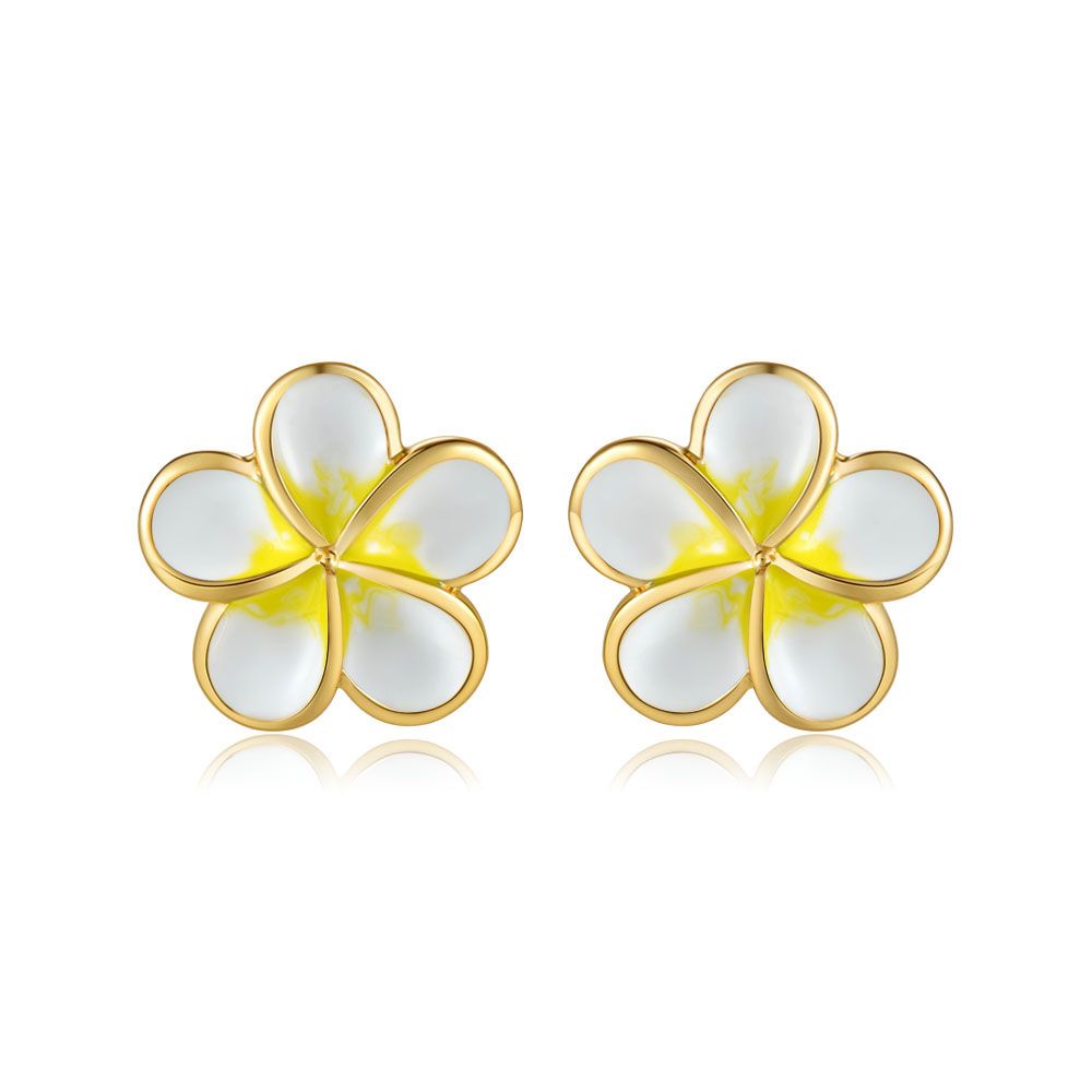 White Enamel 10mm Plumeria Flower Stud Earrings in Gold