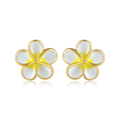 White Enamel 10mm Plumeria Flower Stud Earrings in Gold