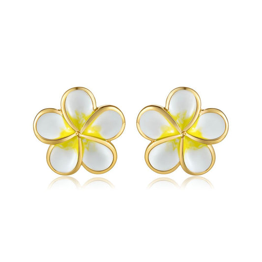 White Enamel 10mm Plumeria Flower Stud Earrings in Gold