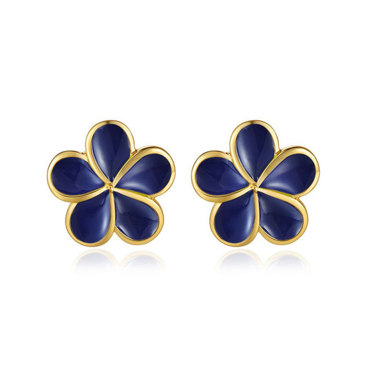Blue Ginger Enamel 10mm Plumeria Flower Stud Earrings in Gold