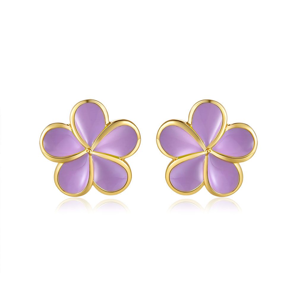 Lavender Blush Enamel Plumeria Flower Stud Earrings in Gold