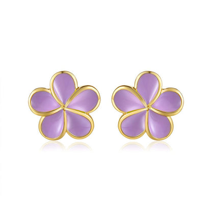Lavender Blush Enamel Plumeria Flower Stud Earrings in Gold