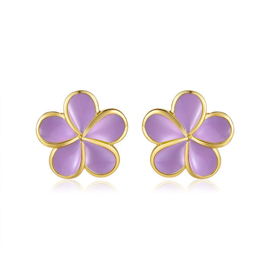 Lavender Blush Enamel Plumeria Flower Stud Earrings in Gold
