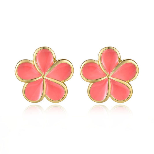 Coral Enamel 14 mm Plumeria Flower Stud Earrings in Gold