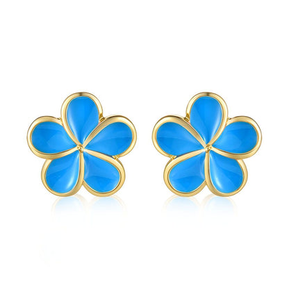 Sea Blue Enamel 14mm Plumeria Flower Stud Earrings in Gold