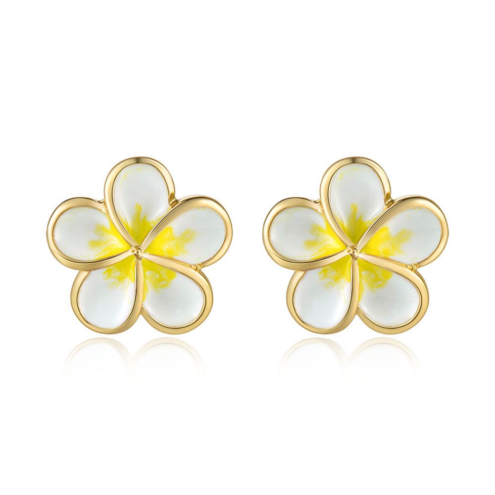 White Enamel 14mm Plumeria Flower Stud Earrings in Gold