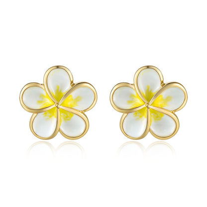 White Enamel 14mm Plumeria Flower Stud Earrings in Gold