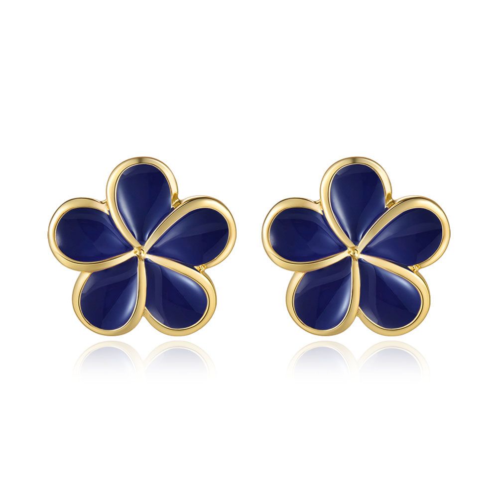 Blue Ginger Enamel 14mm Plumeria Flower Stud Earrings in Gold
