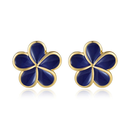 Blue Ginger Enamel 14mm Plumeria Flower Stud Earrings in Gold