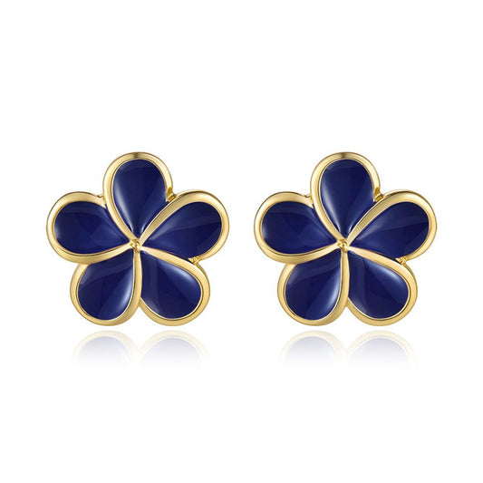 Blue Ginger Enamel 14mm Plumeria Flower Stud Earrings in Gold