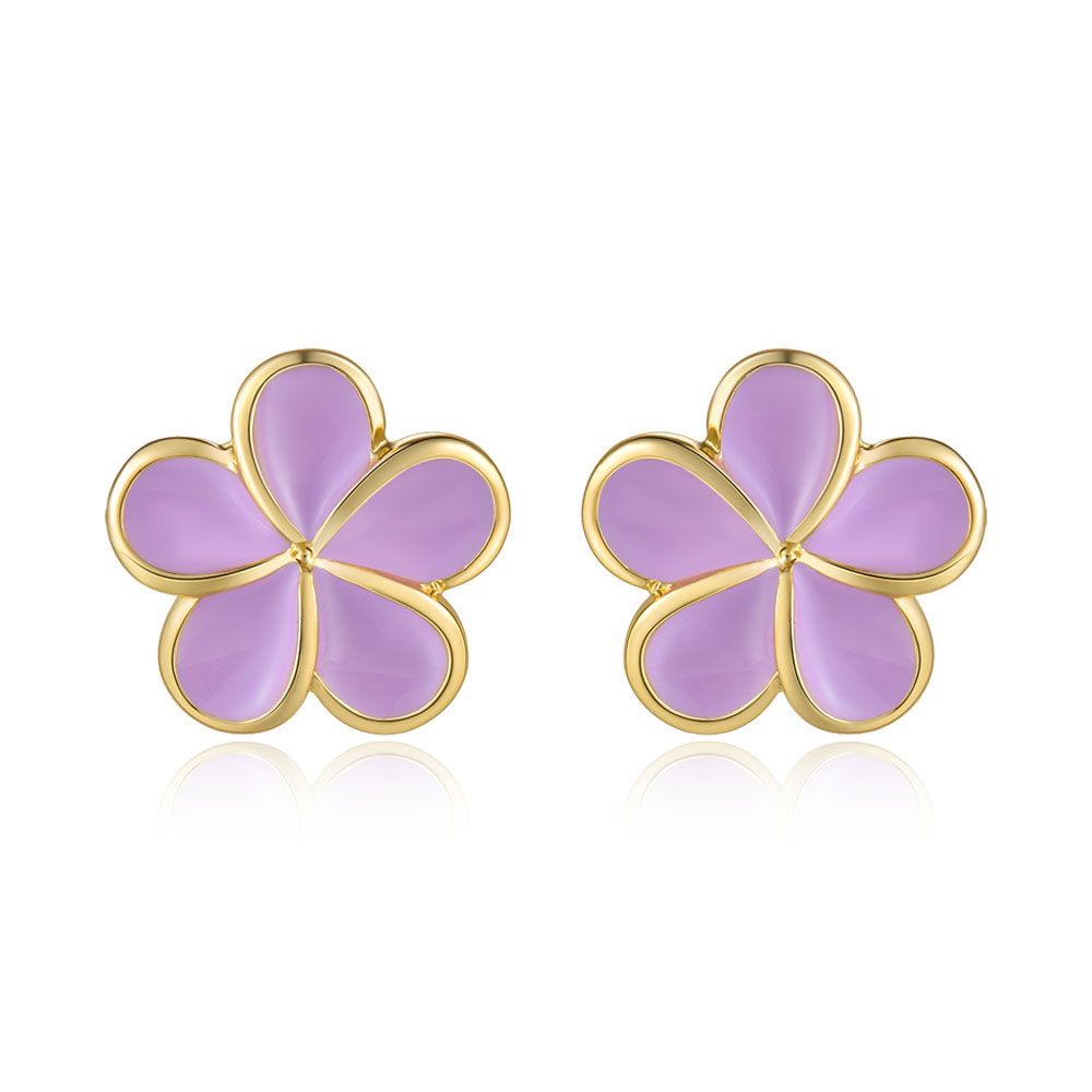 Lavender Blush Enamel Plumeria Flower Stud Earrings in Gold