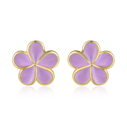 Lavender Blush Enamel Plumeria Flower Stud Earrings in Gold