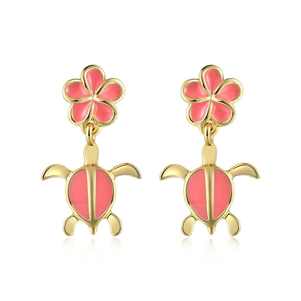 Coral Enamel Plumeria and Sea Turtle Stud Earrings in Gold