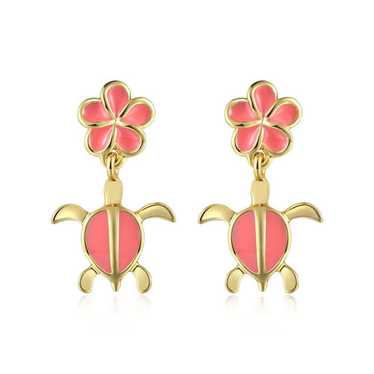 Coral Enamel Plumeria and Sea Turtle Stud Earrings in Gold