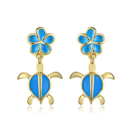 Sea Blue Enamel Plumeria and Sea Turtle Stud Earrings in Gold
