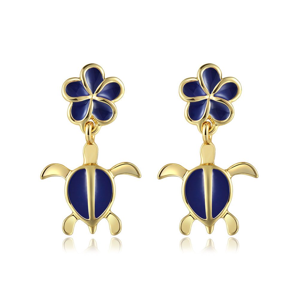 Blue Ginger Enamel Plumeria and Sea Turtle Stud Earrings in Gold