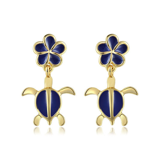 Blue Ginger Enamel Plumeria and Sea Turtle Stud Earrings in Gold