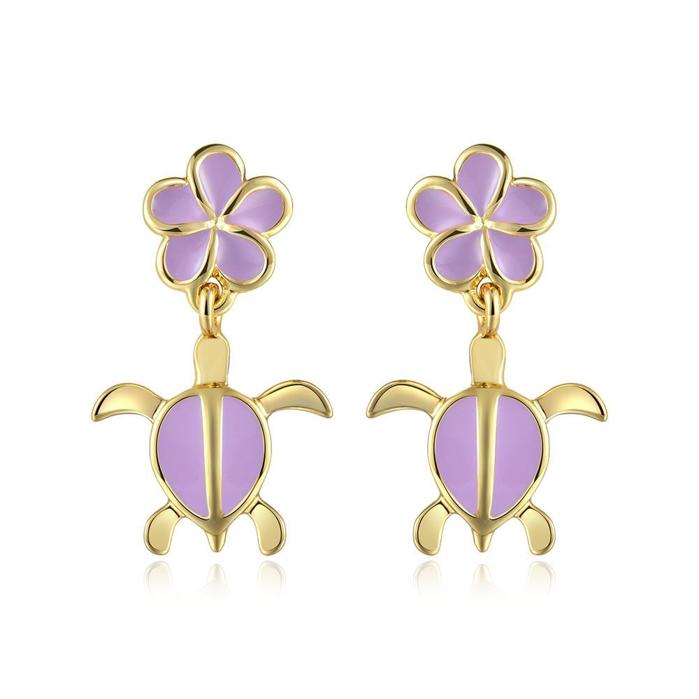 Lavender Blush Enamel Plumeria and Sea Turtle Stud Earrings in Gold