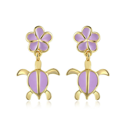 Lavender Blush Enamel Plumeria and Sea Turtle Stud Earrings in Gold
