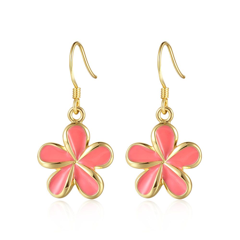 Coral Enamel 18mm Plumeria Flower Hook Earrings in Gold