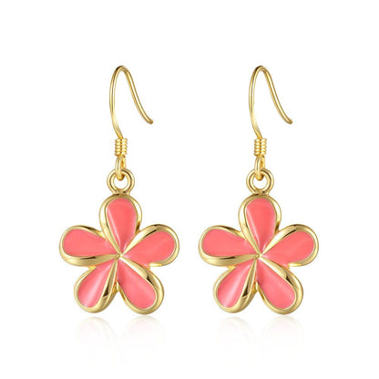 Coral Enamel 18mm Plumeria Flower Hook Earrings in Gold