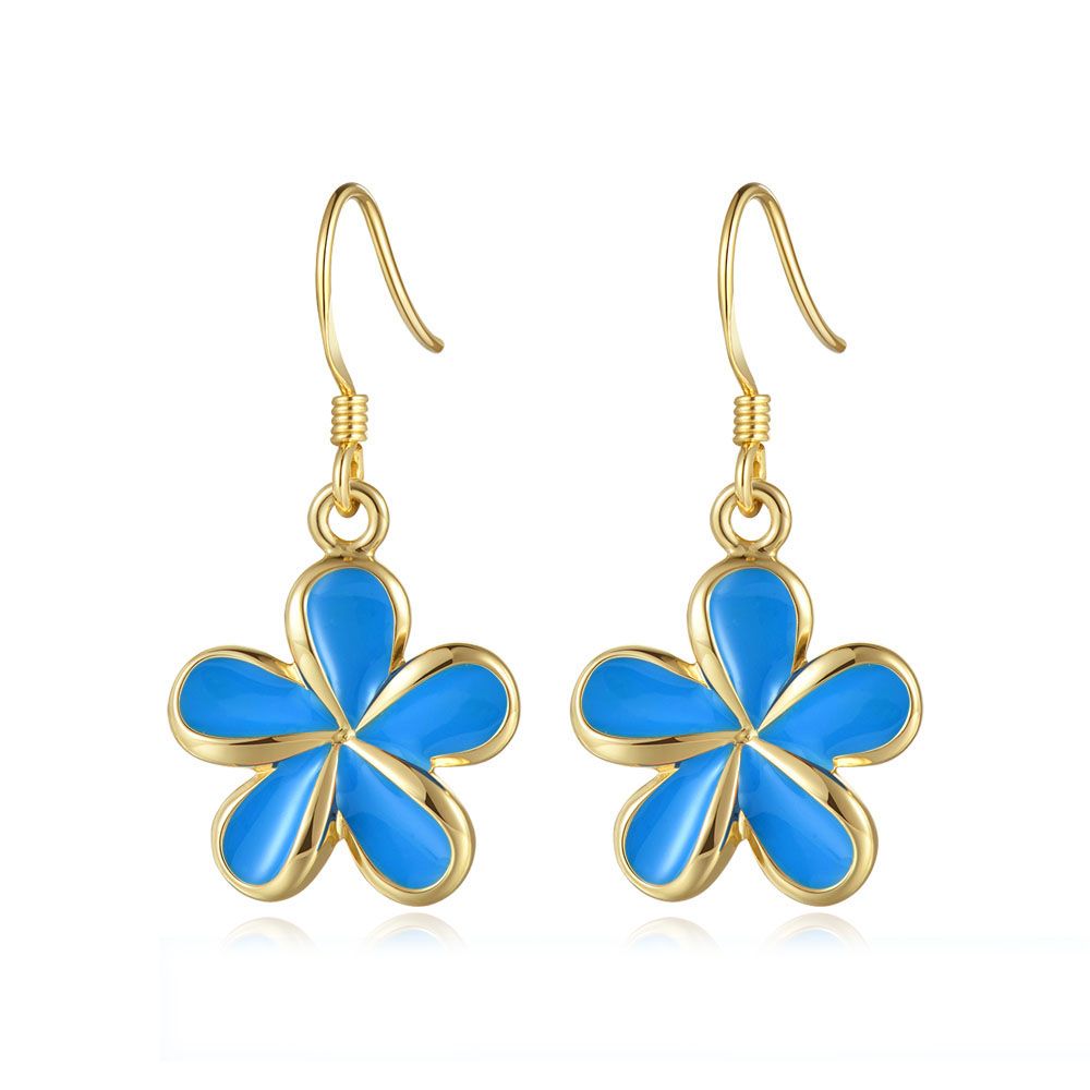 Sea Blue Enamel 18mm Plumeria Flower Hook Earrings in Gold