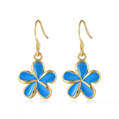 Sea Blue Enamel 18mm Plumeria Flower Hook Earrings in Gold