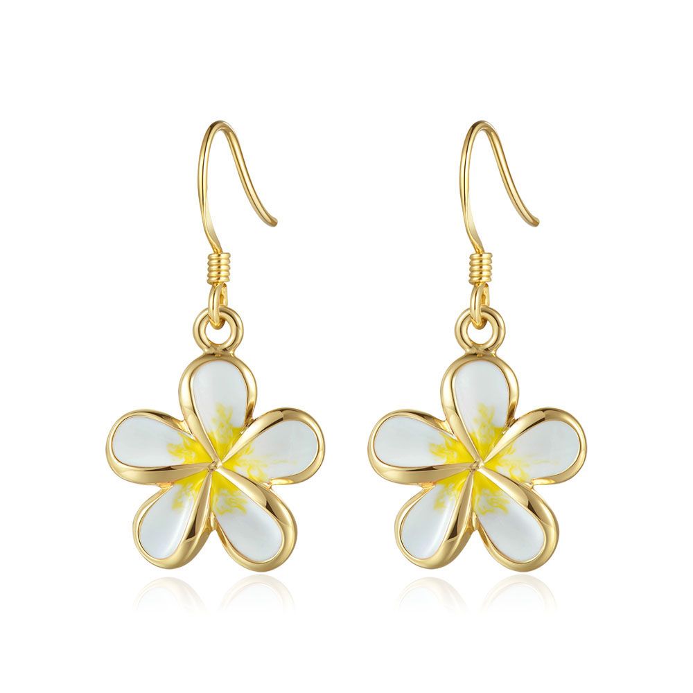 White Enamel 18mm Plumeria Flower Hook Earrings in Gold