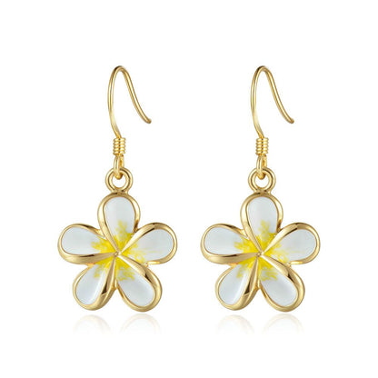 White Enamel 18mm Plumeria Flower Hook Earrings in Gold