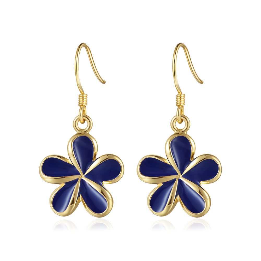 Blue Ginger Enamel 18mm Plumeria Flower Hook Earrings in Gold
