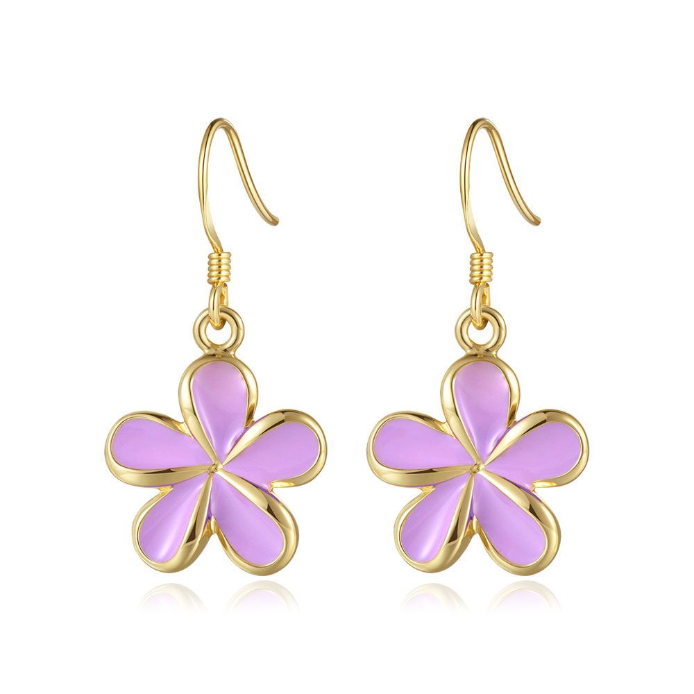 Lavender Blush Enamel 18mm Plumeria Flower Hook Earrings in Gold