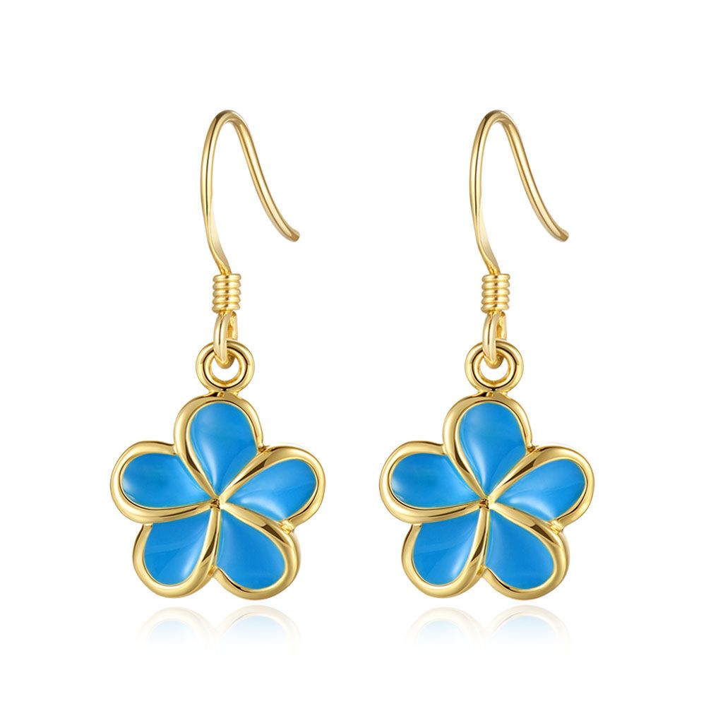 Sea Blue Enamel 10mm Plumeria Flower Hook Earrings in Gold