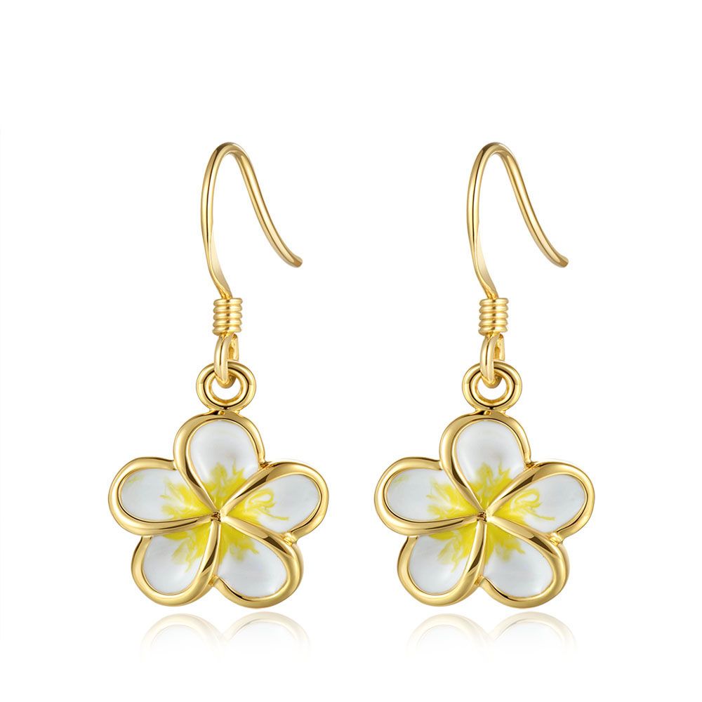 White Enamel 10mm Plumeria Flower Hook Earrings in Gold