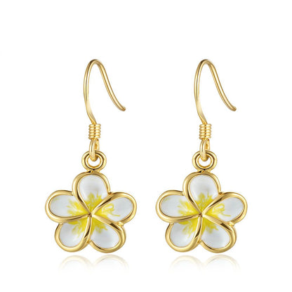 White Enamel 10mm Plumeria Flower Hook Earrings in Gold
