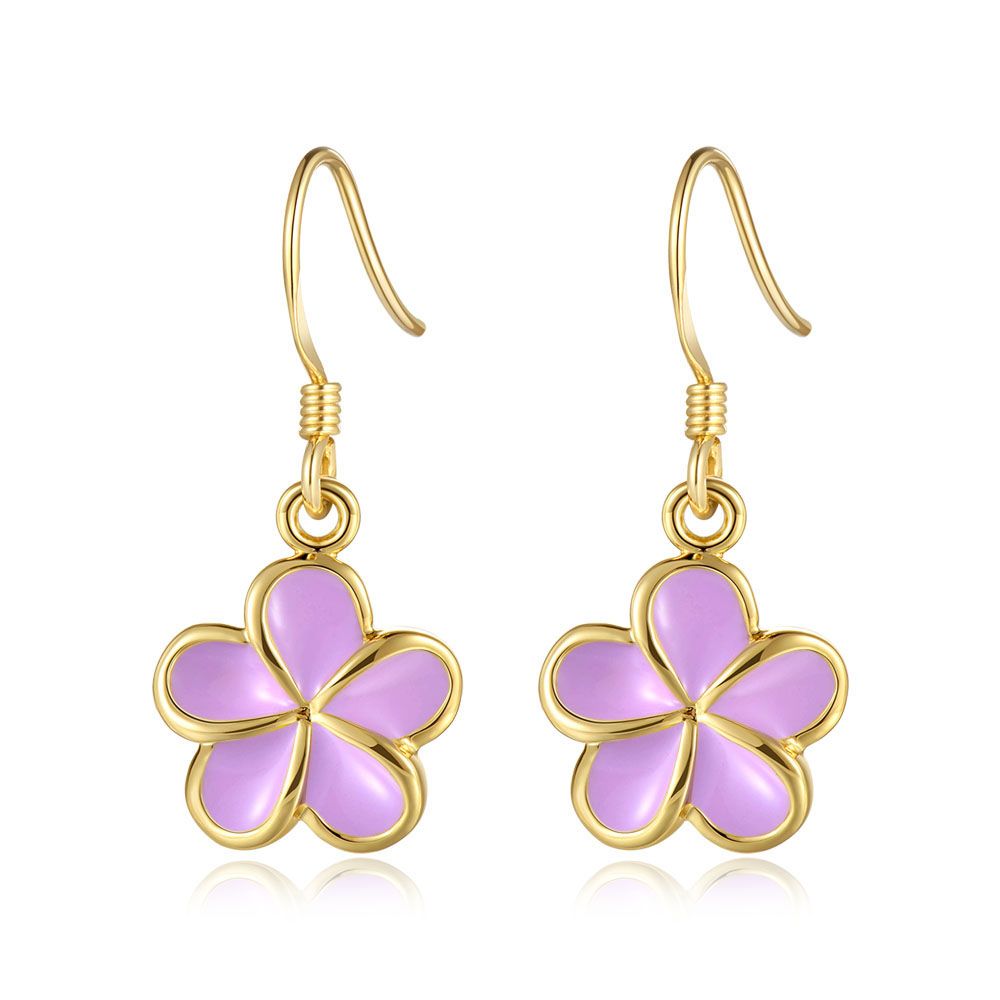 Lavender Blush Enamel 10mm Plumeria Flower Hook Earrings in Gold